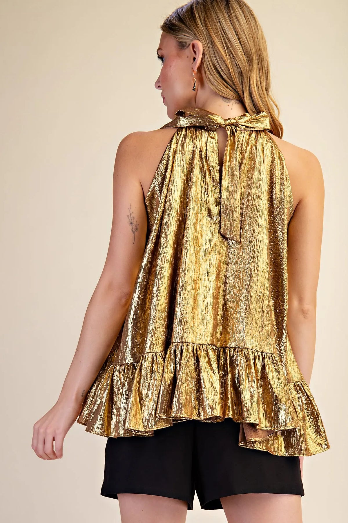 Halter Neck Ruffle Gold Metallic Top