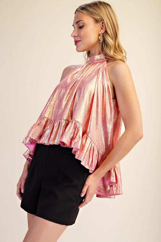 Halter Neck Ruffle Pink Metallic Top