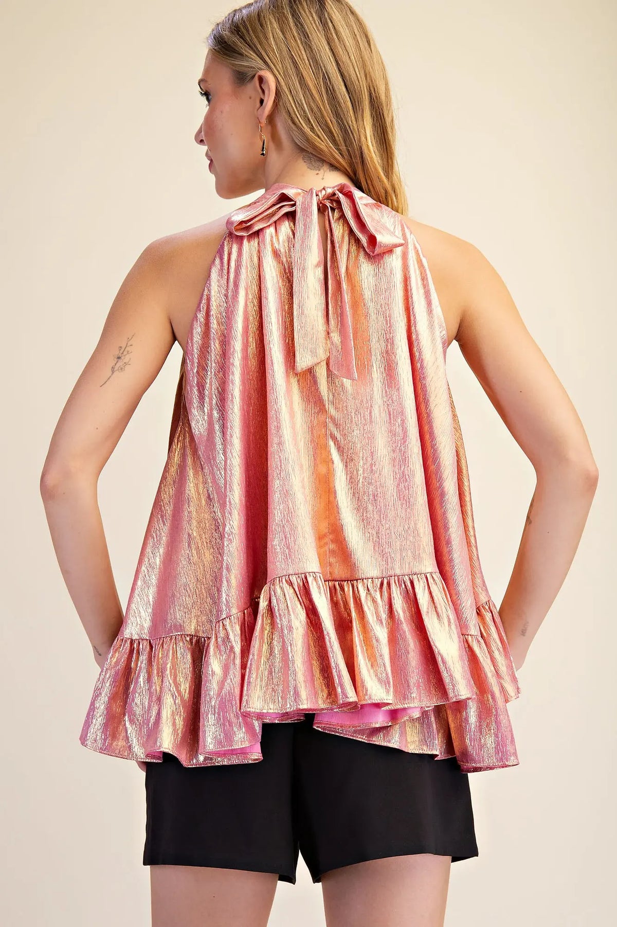 Halter Neck Ruffle Pink Metallic Top