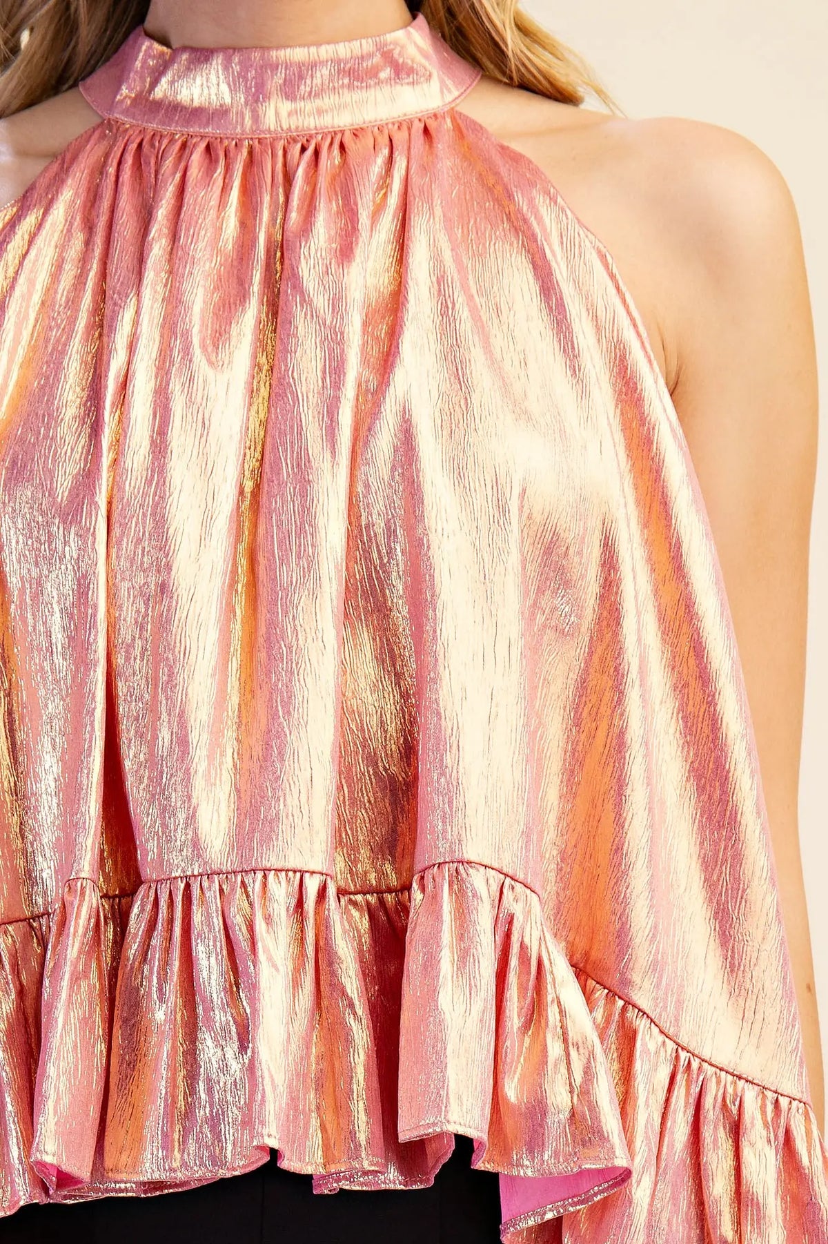 Halter Neck Ruffle Pink Metallic Top