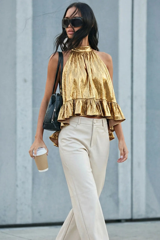 Halter Neck Ruffle Gold Metallic Top