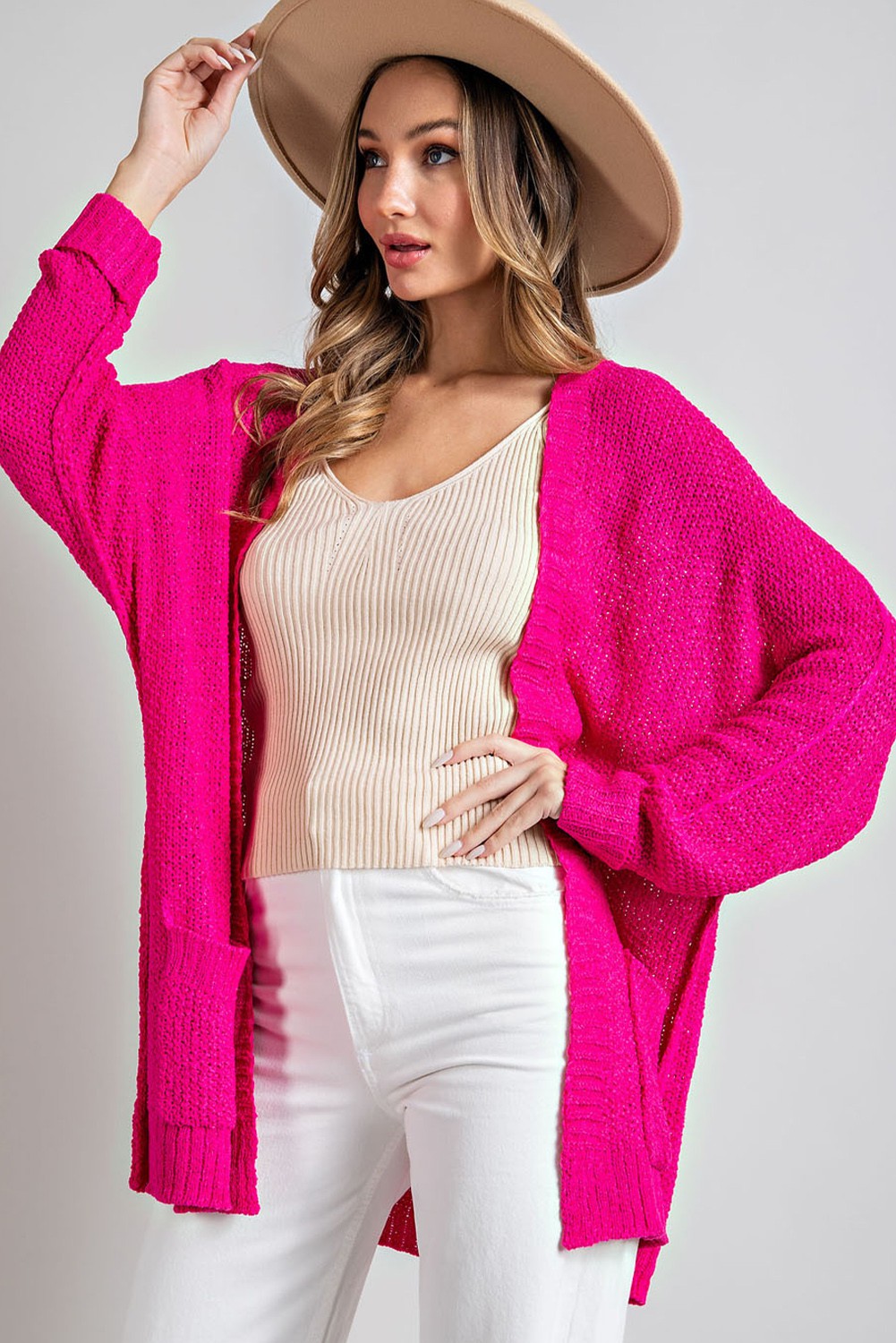 Hot Pink Knit Open Front Cardigan Sweater
