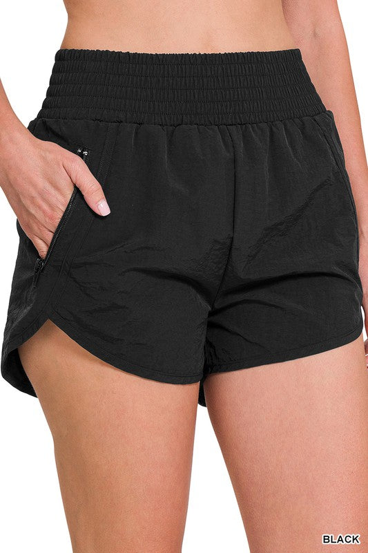 Black Smocked Waist Windbreaker Shorts