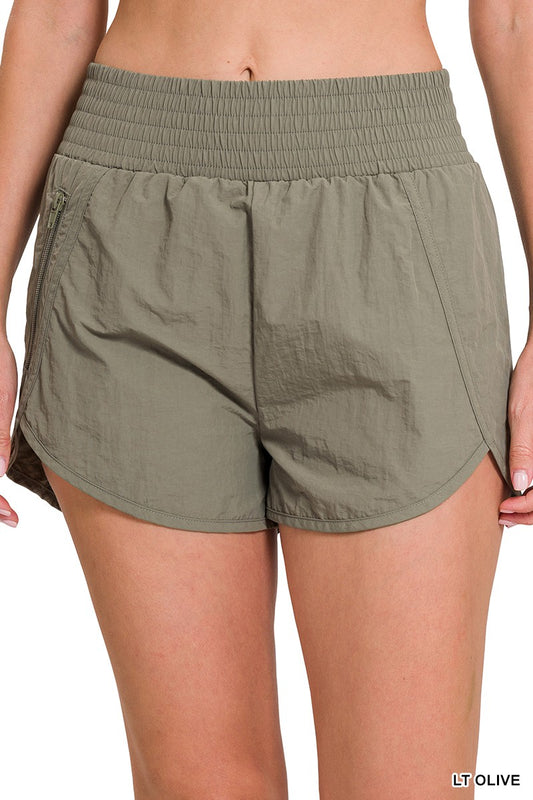 Olive Smocked Waist Windbreaker Shorts