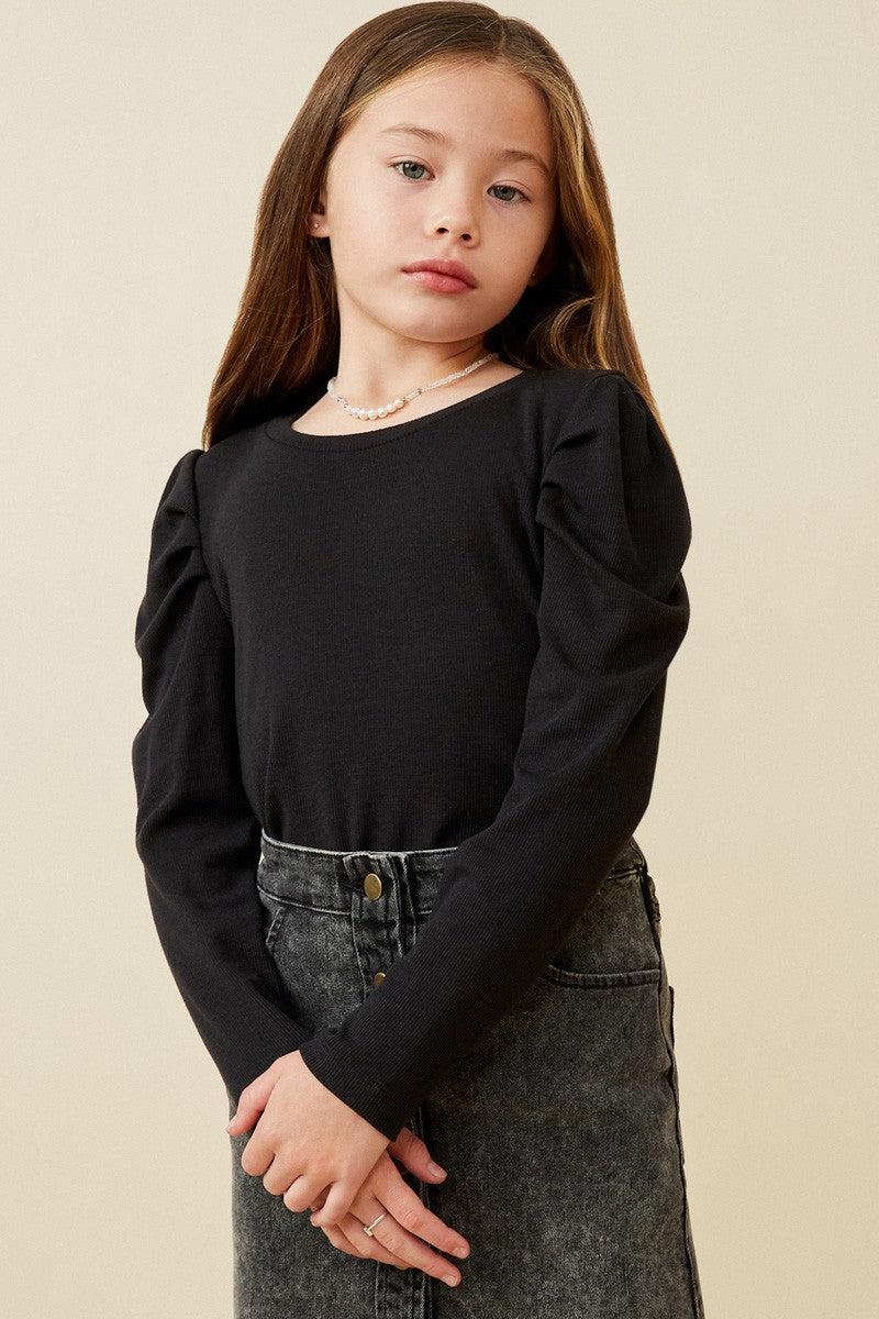 Girls Pleated Puff Shoulder Knit Top