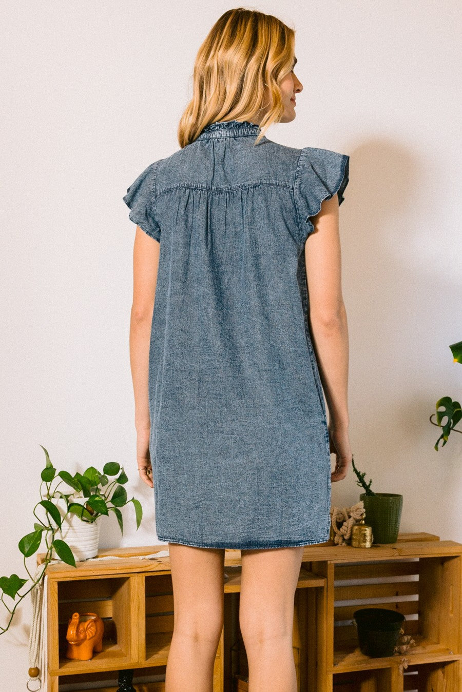 Washed Denim Ruffled Neck Dress