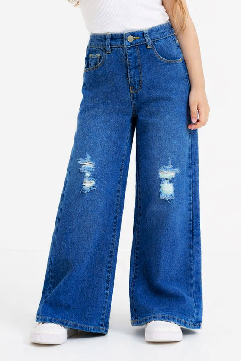 Toddler's Stretch Distressed Denim Wide Leg Jeans- Medium Denim