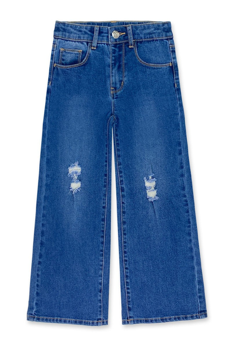 Toddler's Stretch Distressed Denim Wide Leg Jeans- Medium Denim