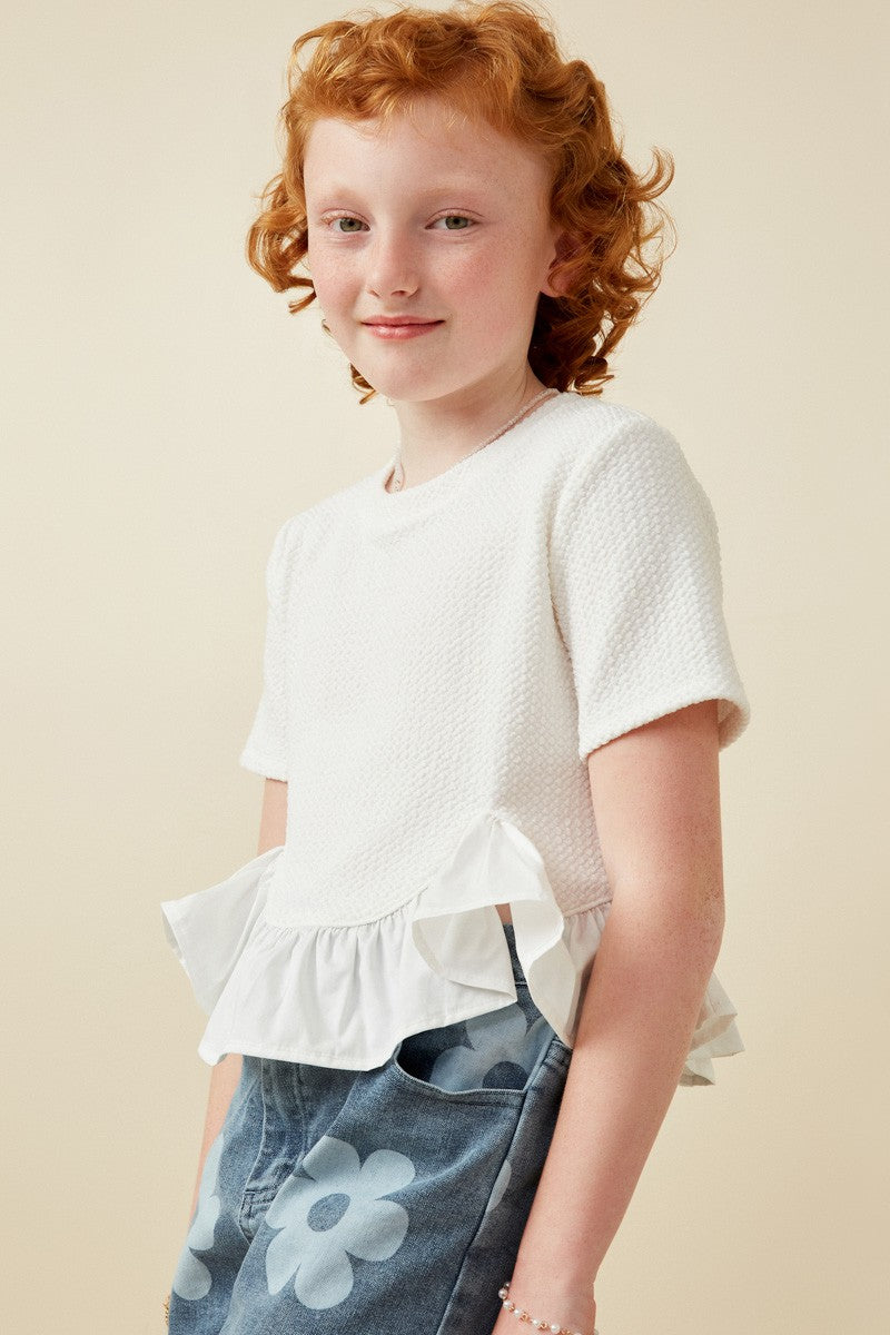 Girls Mix Media Poplin Hem Knit Top