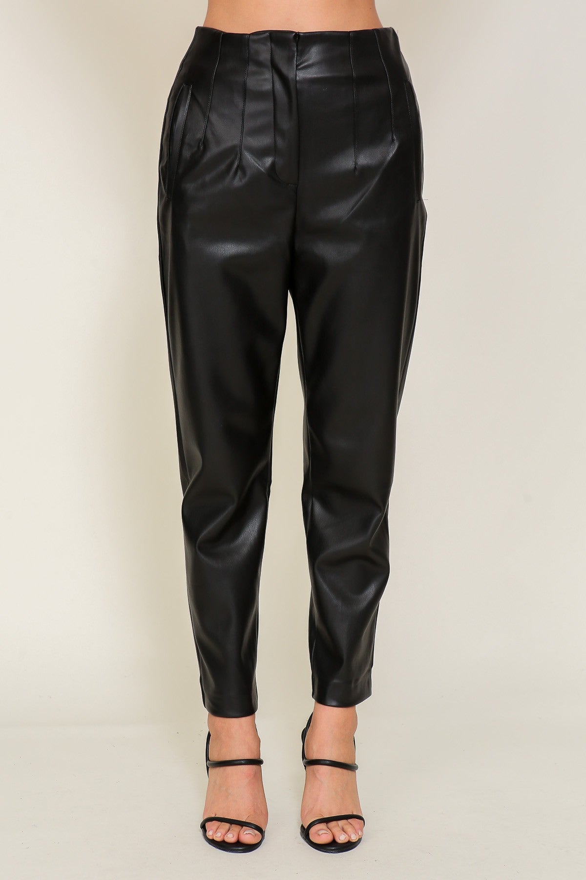 Black Pleated High Waist Faux Leather Trousers