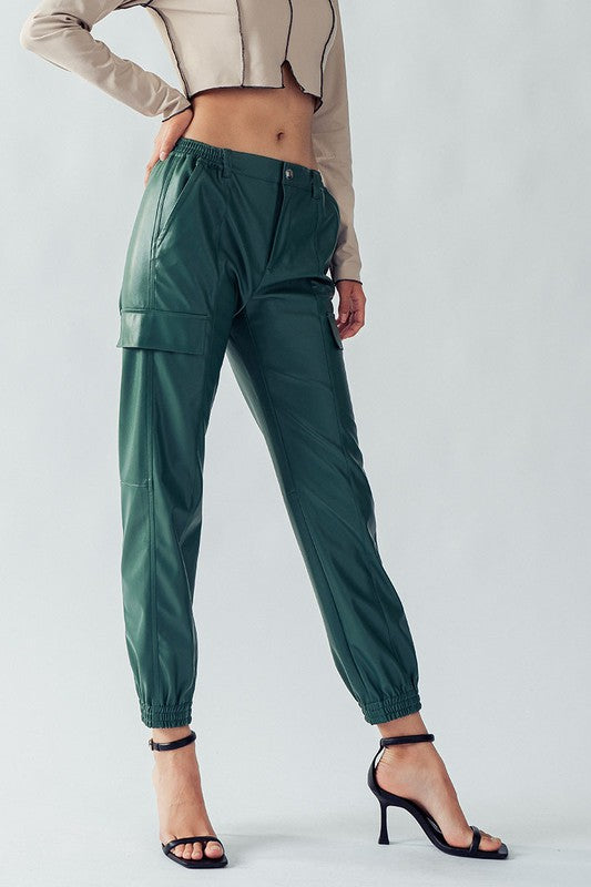 Green Stone Elastic Faux Leather Pants
