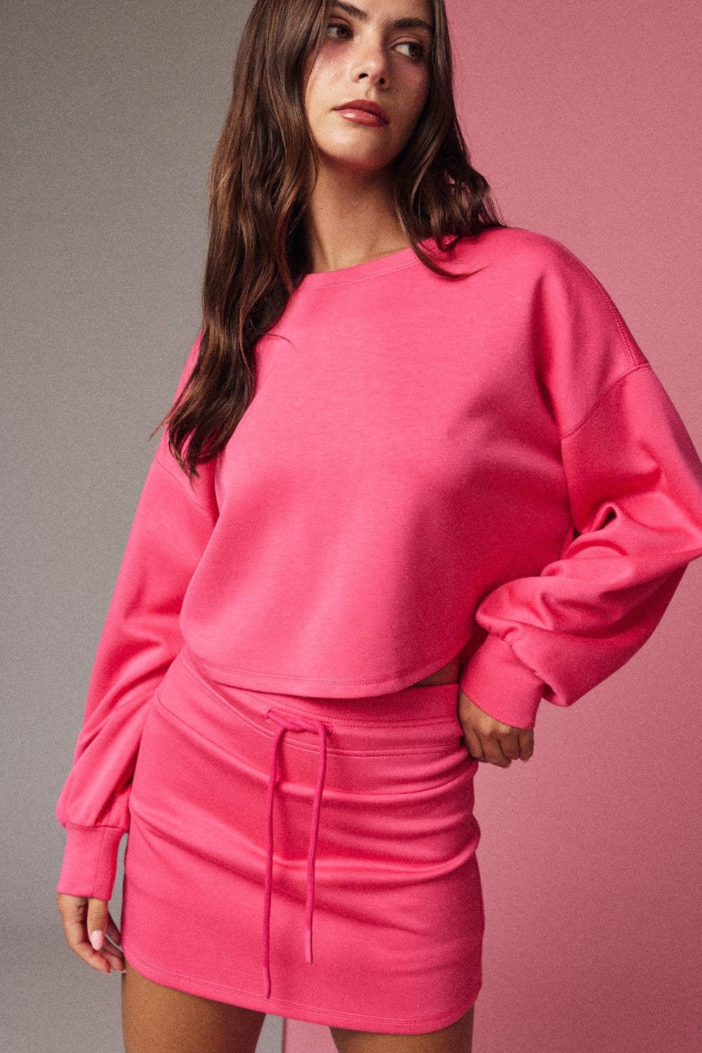 Hot Pink Crew Neck Top & Skirt Set