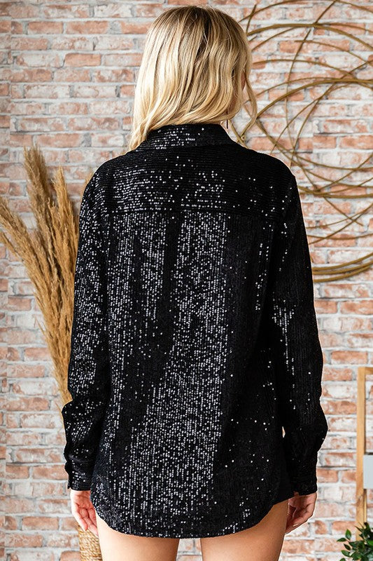 Sequined Button Down Shirt- Black