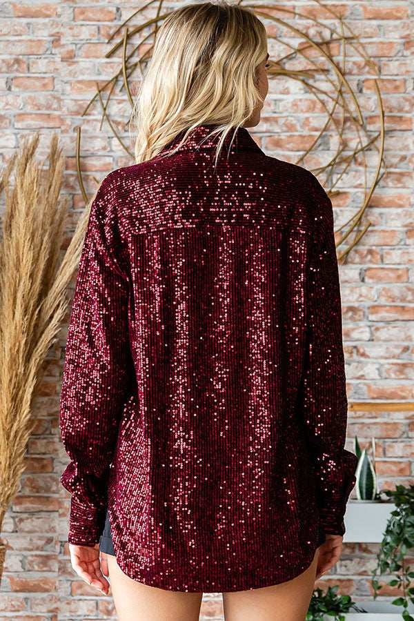Sequined Button Down Shirt- Wine
