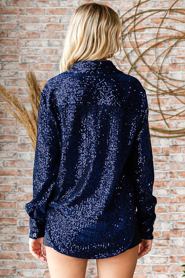 Sequined Button Down Shirt- Navy