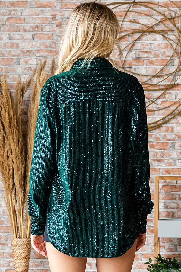 Sequined Button Down Shirt- Hunter Green