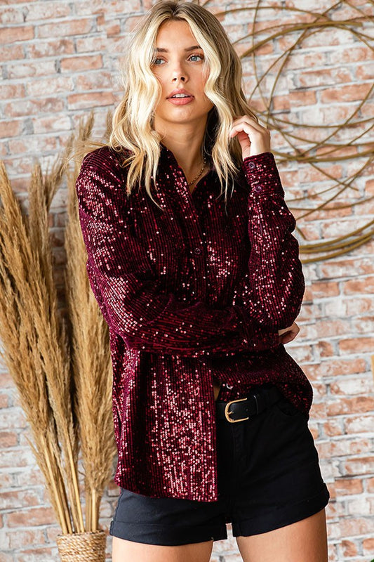 Sequined Button Down Shirt- Wine
