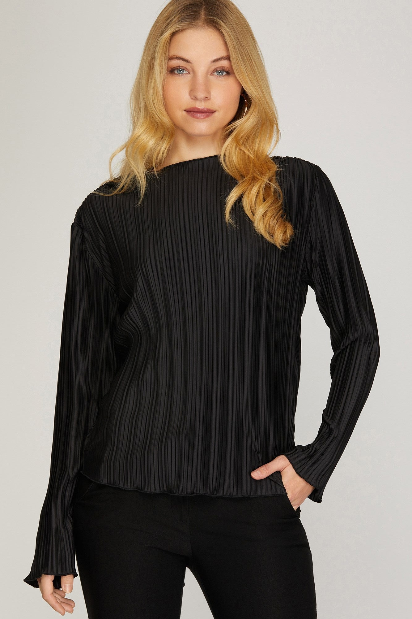 Long Sleeve Pleated Woven Top