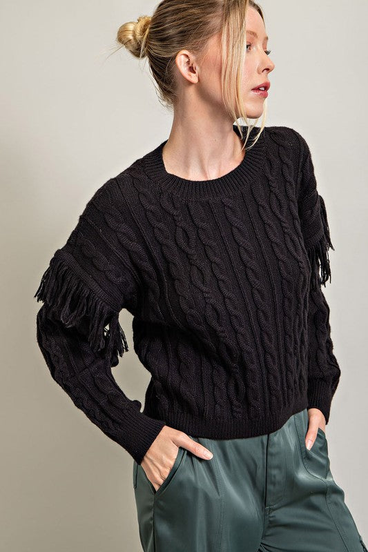 Black Cable Knit Sweater with Fringe