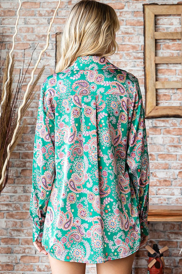 Paisley Print Button Down Shirt- Green