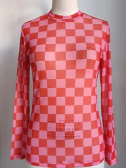 Hot Pink & Red Checkered Mesh Long Sleeve Top