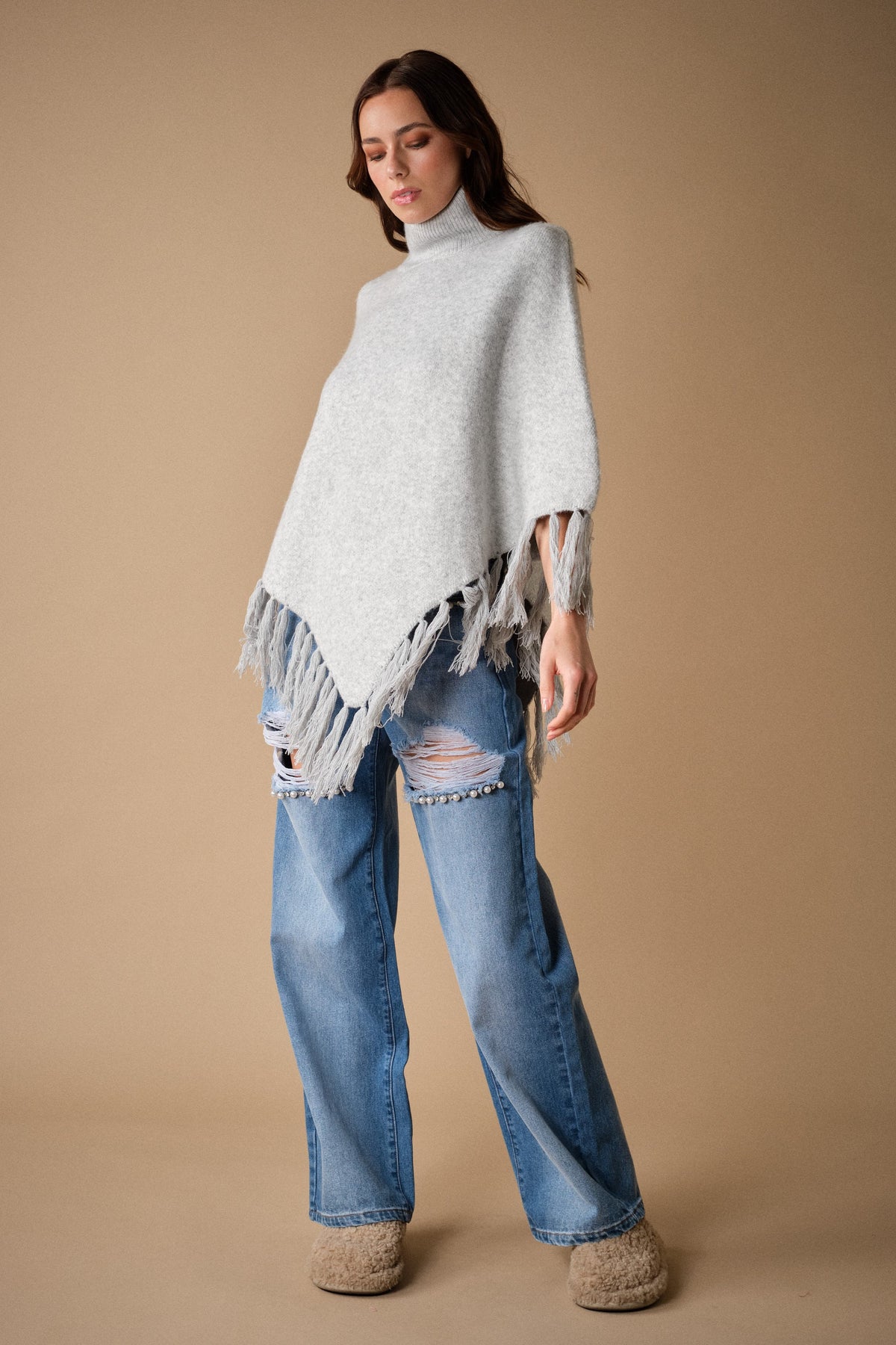 Cozy Turtleneck Fringe Poncho Sweater