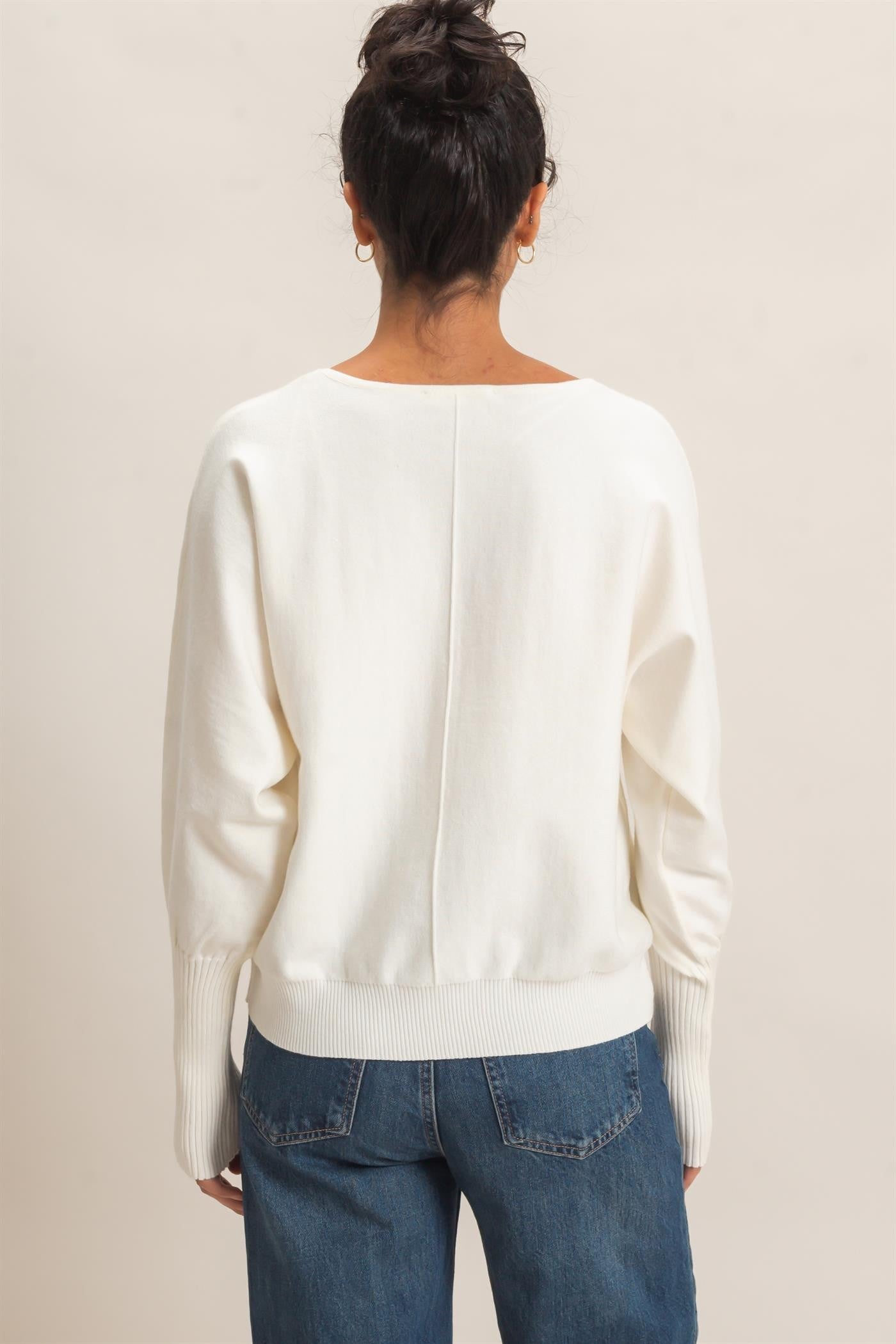 White Batwing Center Seam Sweater
