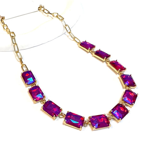 Fuchsia Rectangle Glass Linked Statement Necklace