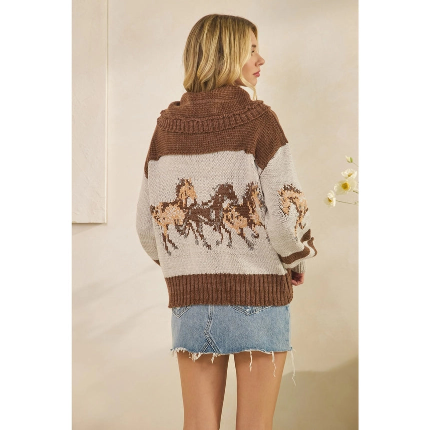 Mocha Horse Print Button Up Sweater