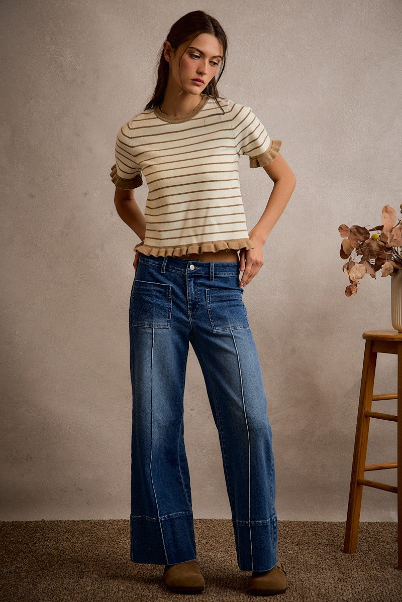 Stripe  Ruffled Sweater Knit Top