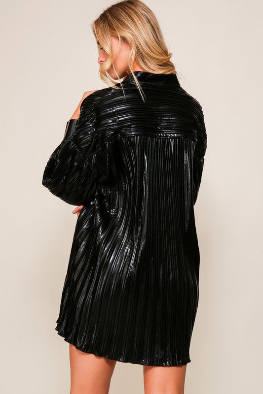 Black Foil Pleated Shirt Dress