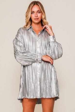 Silver Foil Pleated Shirt Dress