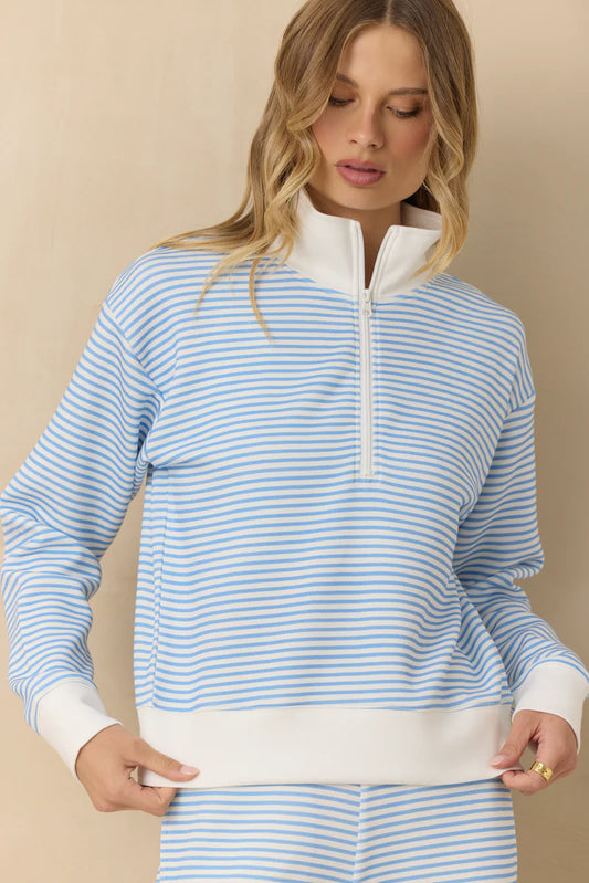 Blue Striped Cloud Fleece Quarter Zip Top