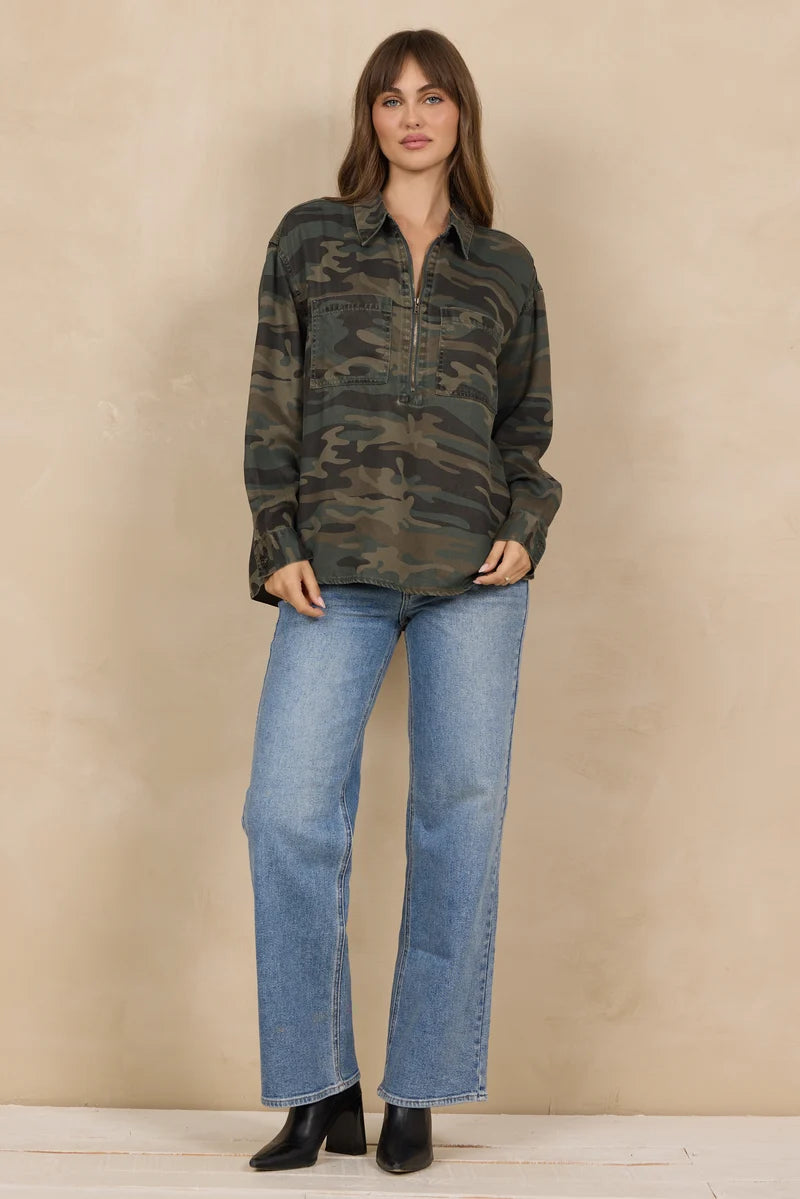 Camo Printed Tencel Quarter Zip Top