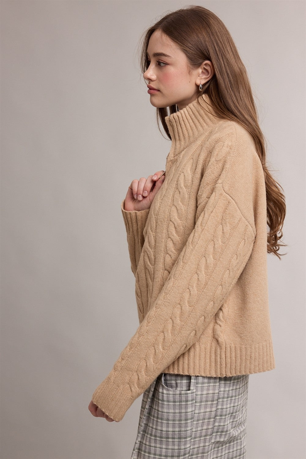Cable Knit Quarter Zip Collar Sweater- Camel