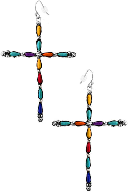 Multi Color Gem Cross Dangle Earrings