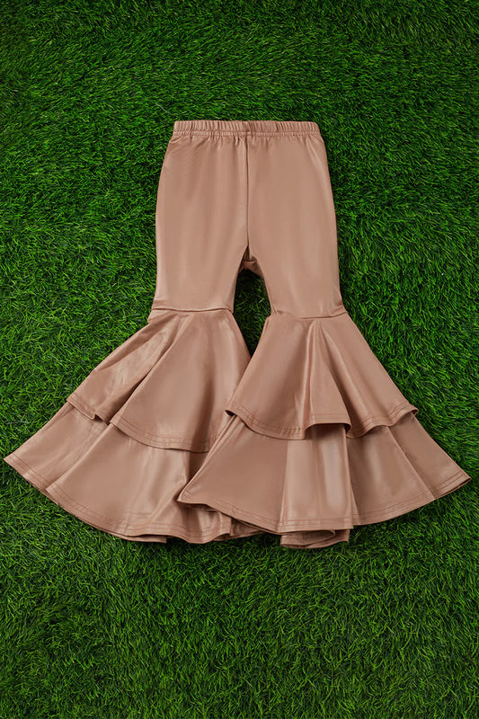 Girls Tan Faux Leather Double Layer Bell Pants