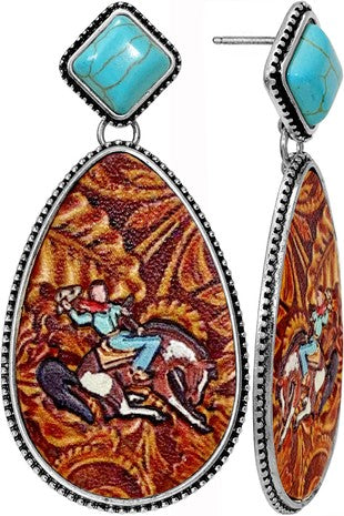 Turquoise & Cowboy Tooled Leather Teardrop Earrings