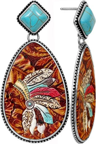 Turquoise & Headdress Tooled Leather Teardrop Earrings