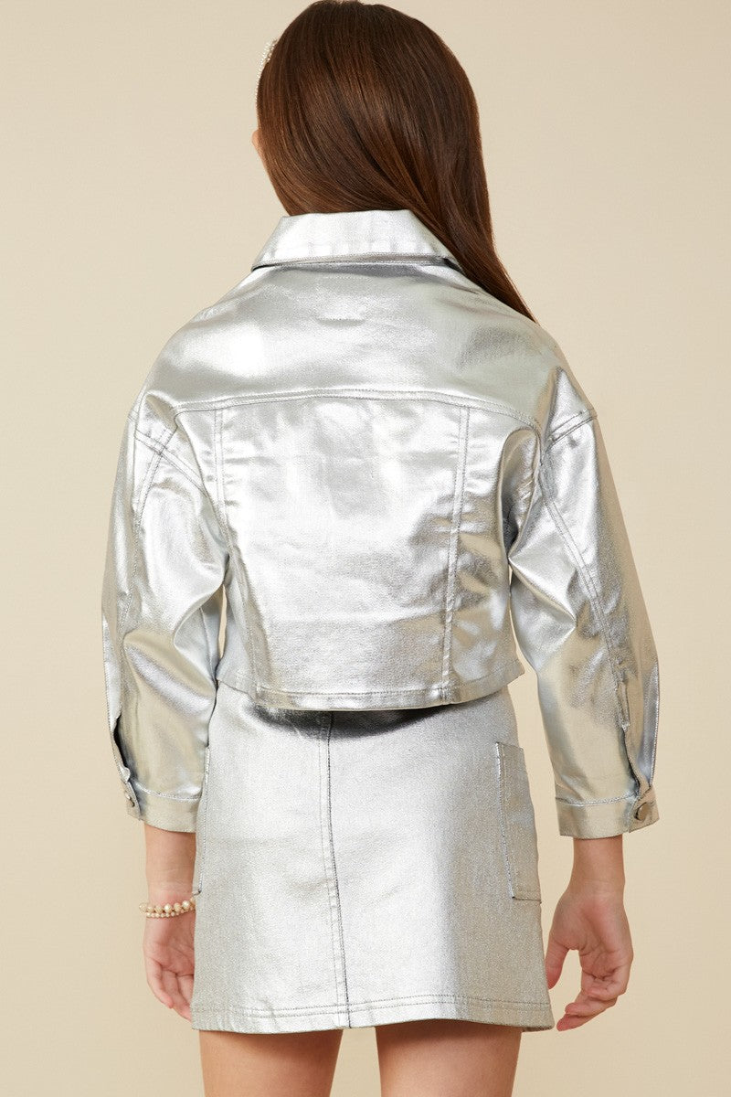 Girls Silver Metallic Cropped Jacket