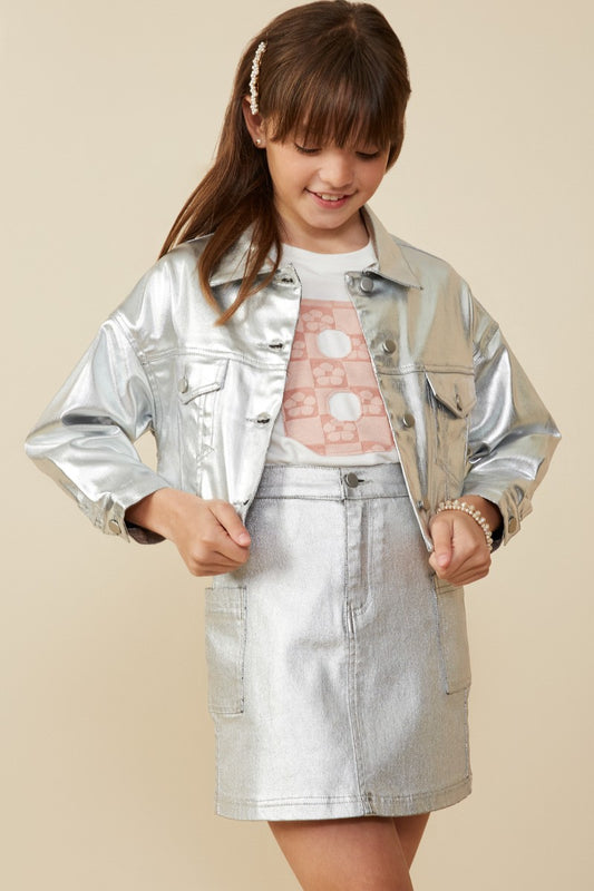 Girls Silver Metallic Cropped Jacket