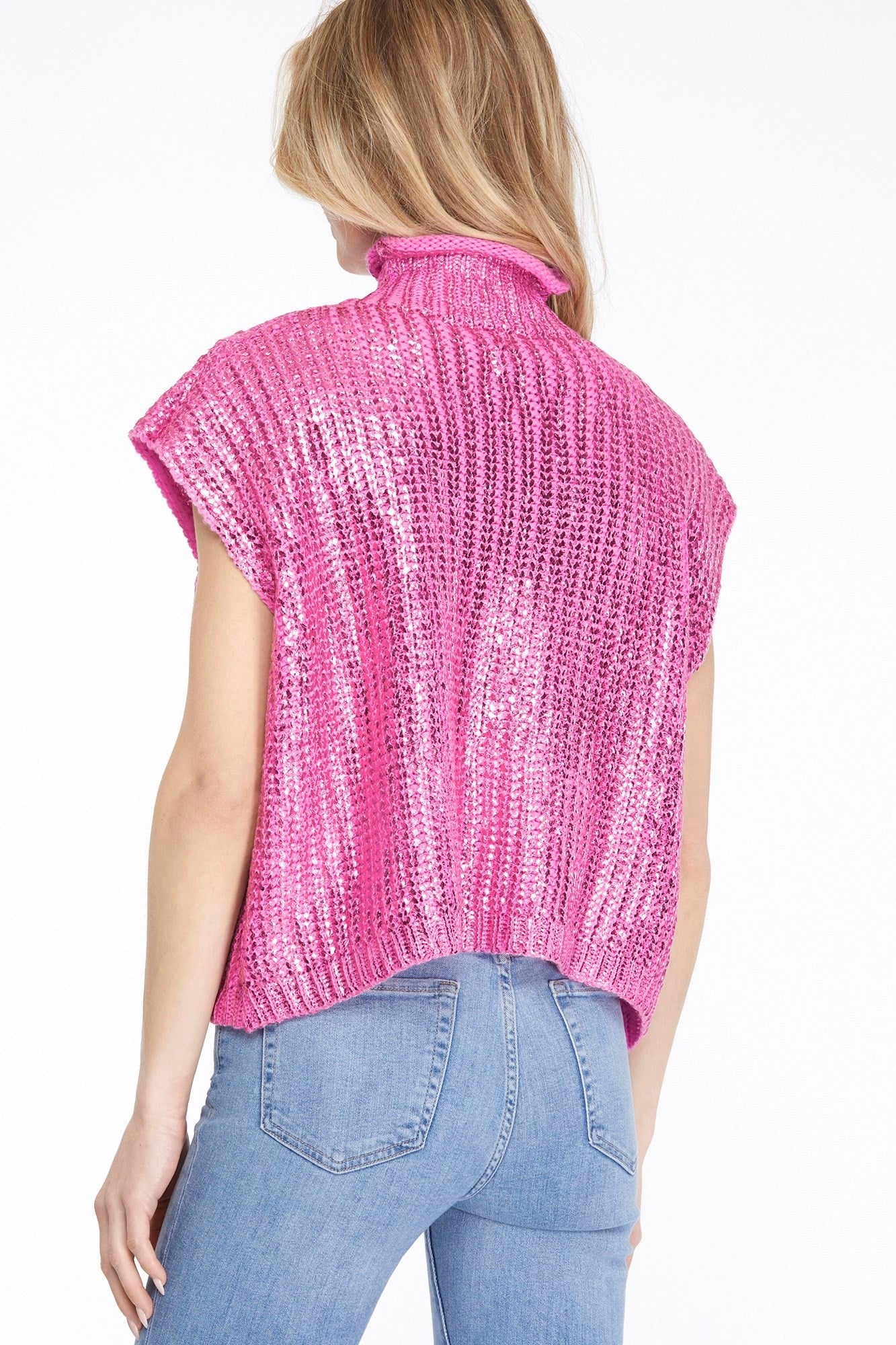 Candy Pink Metallic Sleeveless Turtleneck