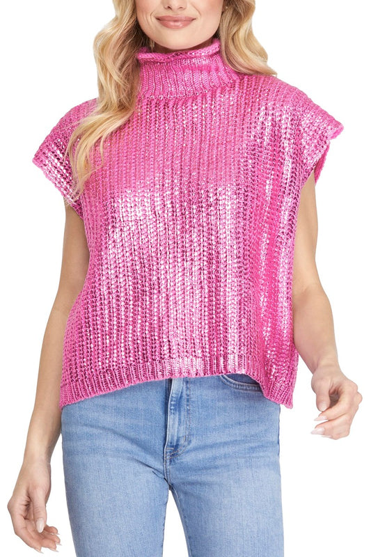 Candy Pink Metallic Sleeveless Turtleneck