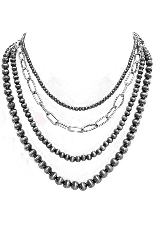 Pewter Pearl 4 Strand Beads & Chain Necklace