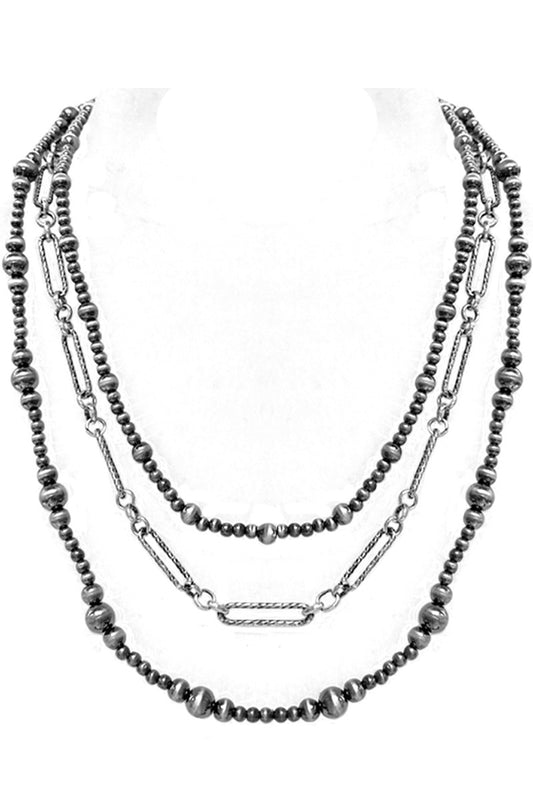 Pewter Pearl 3 Strand Beads & Clip Chain Necklace