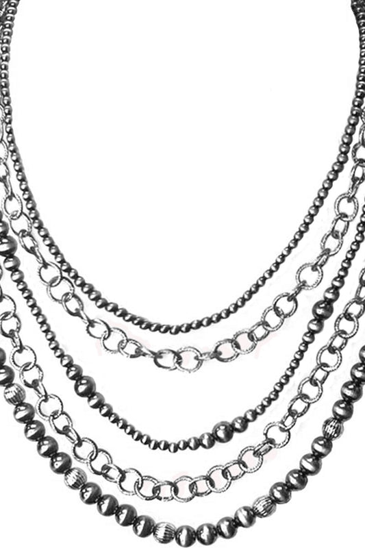 Pewter Pearl Muti Strand Beads & Chain Necklace