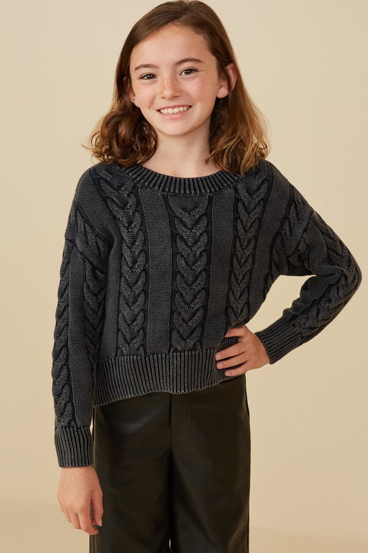 Girls Washed Navy Cable Knit Sweater