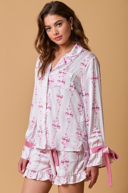 Ruffle Hem Pink Bows PJ Set