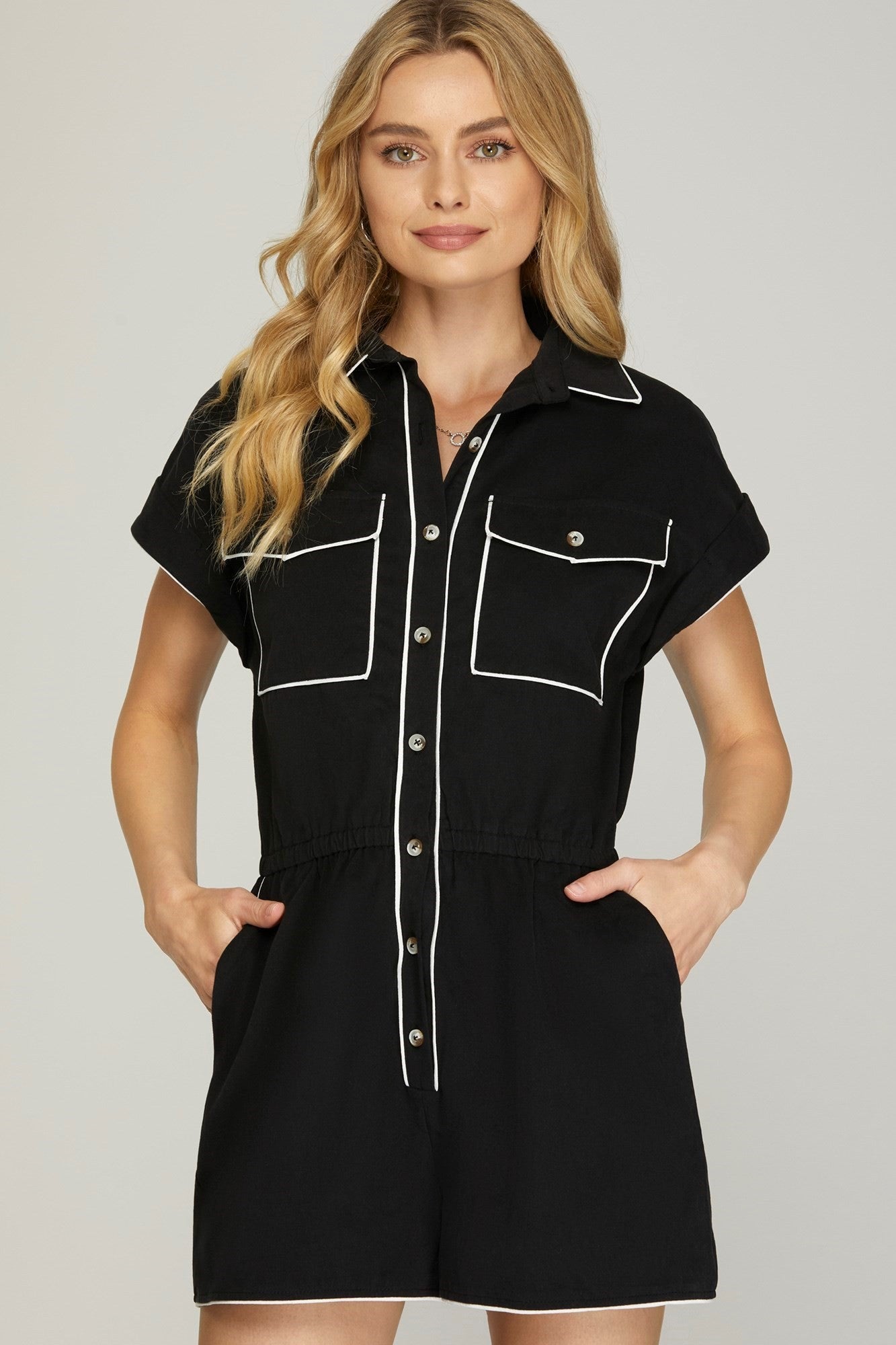 Black Contrasting Button Down Romper