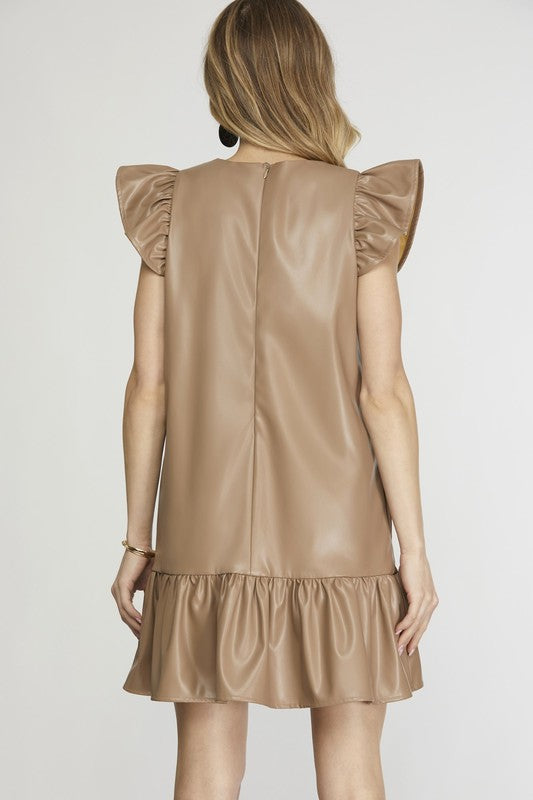 Mocha Faux Leather Ruffle Sleeve Mini Dress